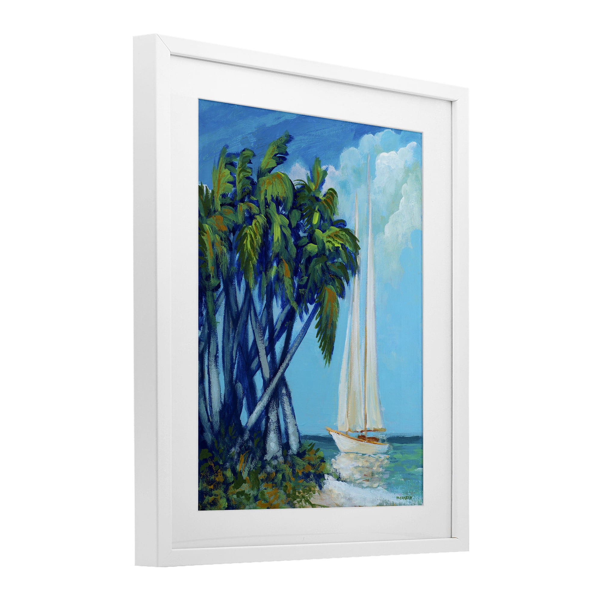 Stupell Industries Sailboat & Twisted Palms White Framed Print Under Glass, design by Dan Meneely