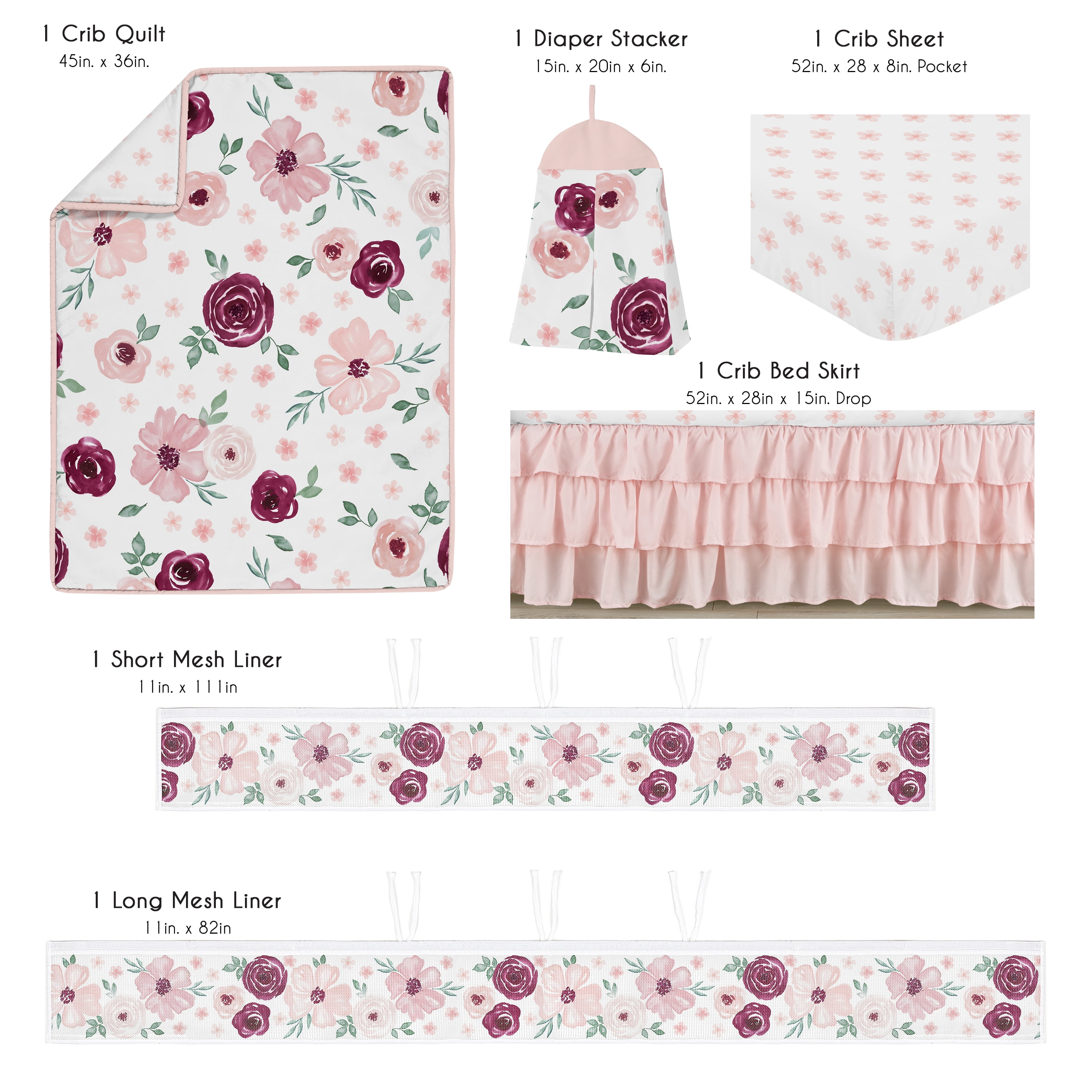 Sweet Jojo Designs Watercolor Floral Burgundy Wine and Pink Girl Crib Bedding + BreathableBaby Breathable Mesh Liner