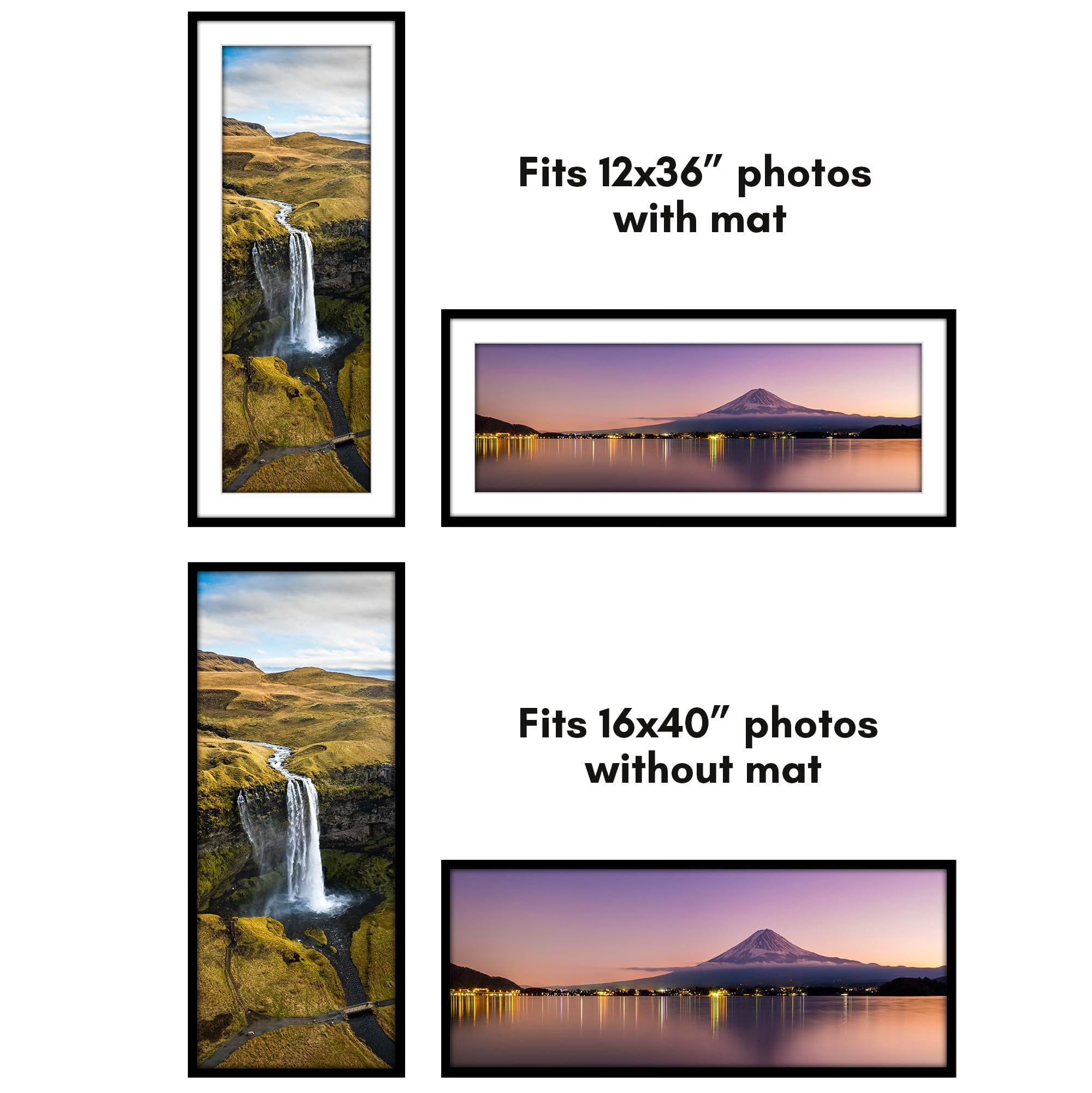 Americanflat 16x40 Picture Frame with Polished Plexiglass - Set of 5 - Use as 12x36 Frame with Mat or Display 16x40 Photo Without Mat - Galleria Collection - Picture Frames for Wall Display - Black