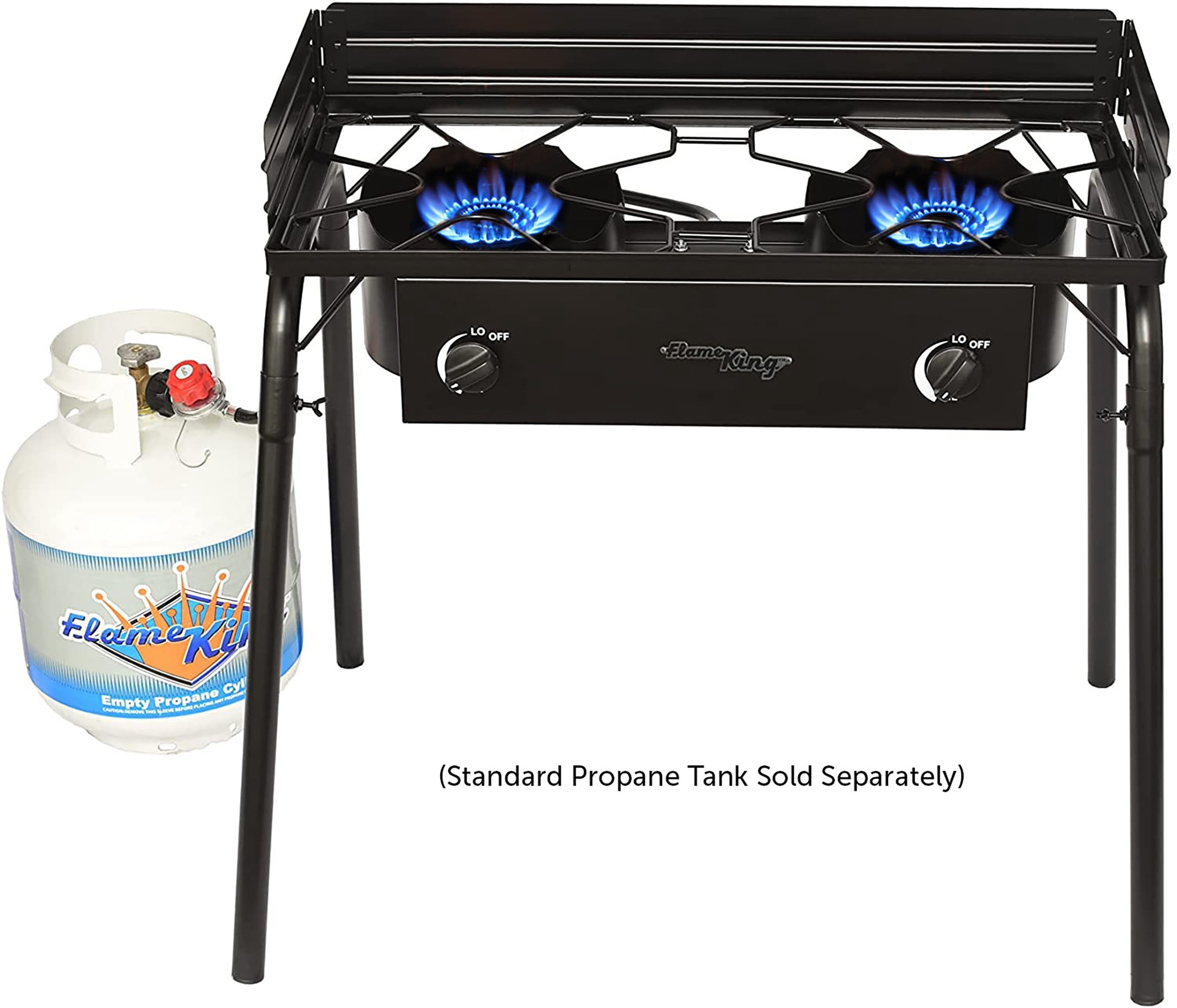 Flame King Standup 2 Burner Camp Stove, Propane Camping Stove, 200K BTU, Black, 31” x 16” x 35”
