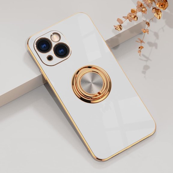 Compatible with iPhone 13 Ring Holder Stand Case Glitter Plating Rose Gold Edge 360 Rotation Kickstand for Women Slim Soft Flexible TPU Protective Cover Case - 6.1 Inch (2021), White