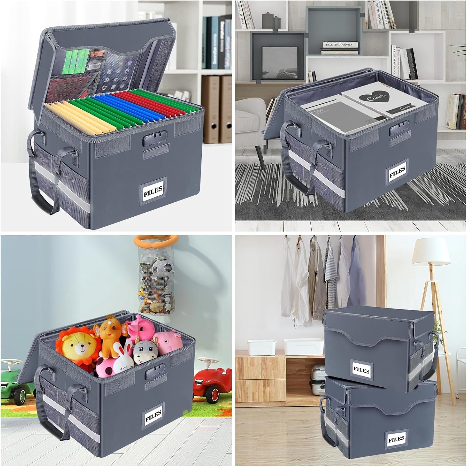 Fireproof Document Box with Lock,File Storage Organizer with Zipper Pockets,Collapsible Portable File Box Home Office Safe Filing Cabinet with Handle for Hanging Letter/Legal Folders,Gray