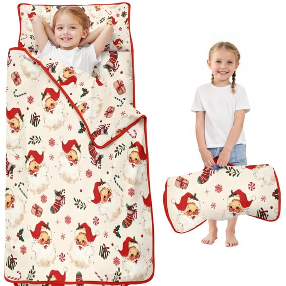 Beige Christmas Santa Pattern Toddler Nap Mats for Kids Preschool,50"x20" Sleeping Mat Bag or Kids,Toddler Sleeping Bag,Toddler Nap Mat or Daycare
