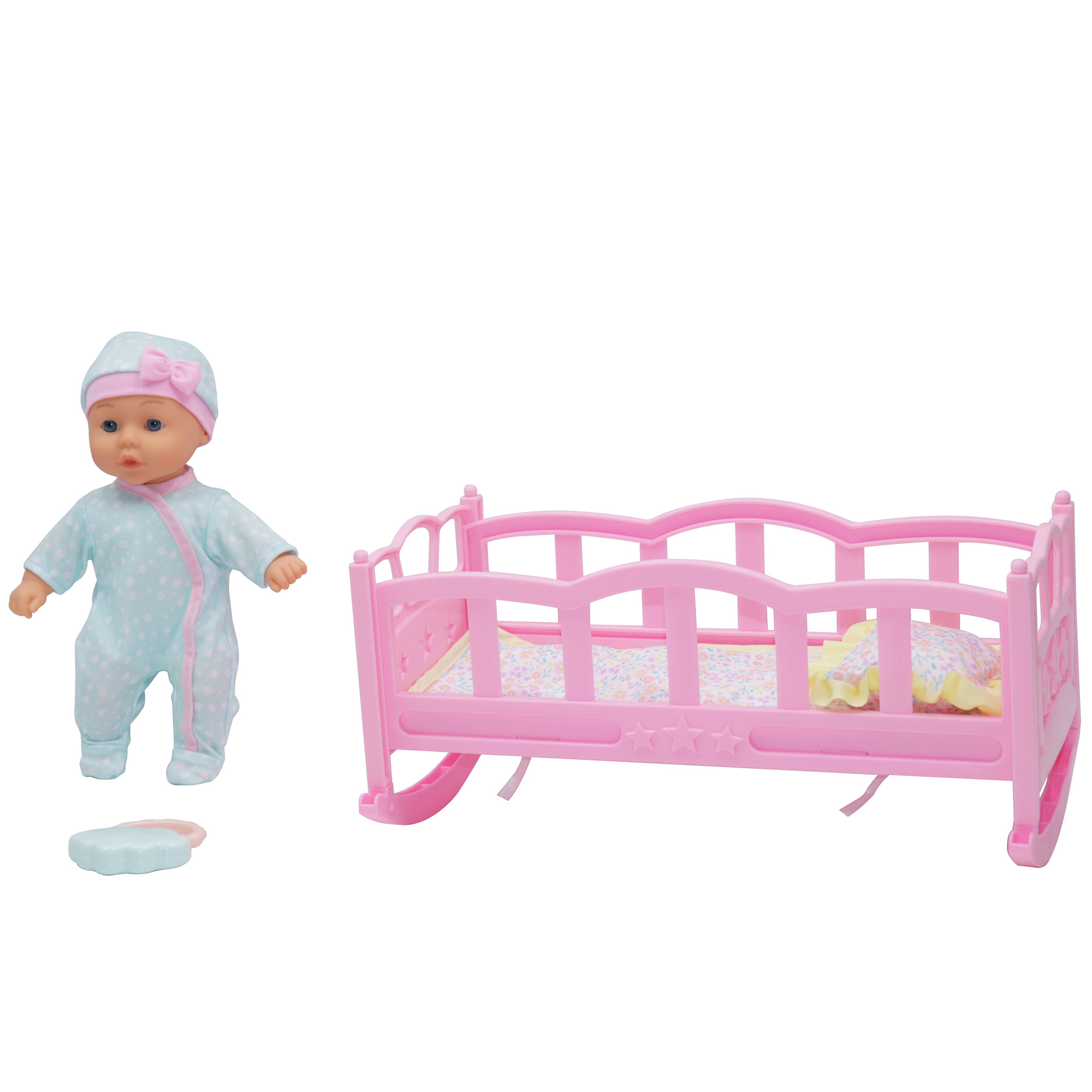 Dream Collection: Musical Crib & 12" Baby Doll Set - Blue & Pink Onesie, Sleep Cap, Rocking Crib Plays Soothing Lullabies, Toy Rattle, Kid-Toddlers 2+