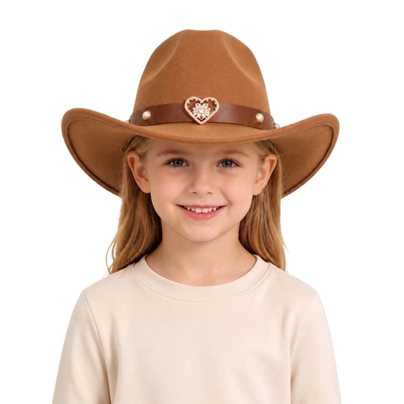 CUZIBR Kids Cowboy Hat Wide Brim Western Hat With Heart Rhinestone Leather Belt Outdoor Party Costume Toddler Girls Cowgirl Hat,1-Brown,One Size