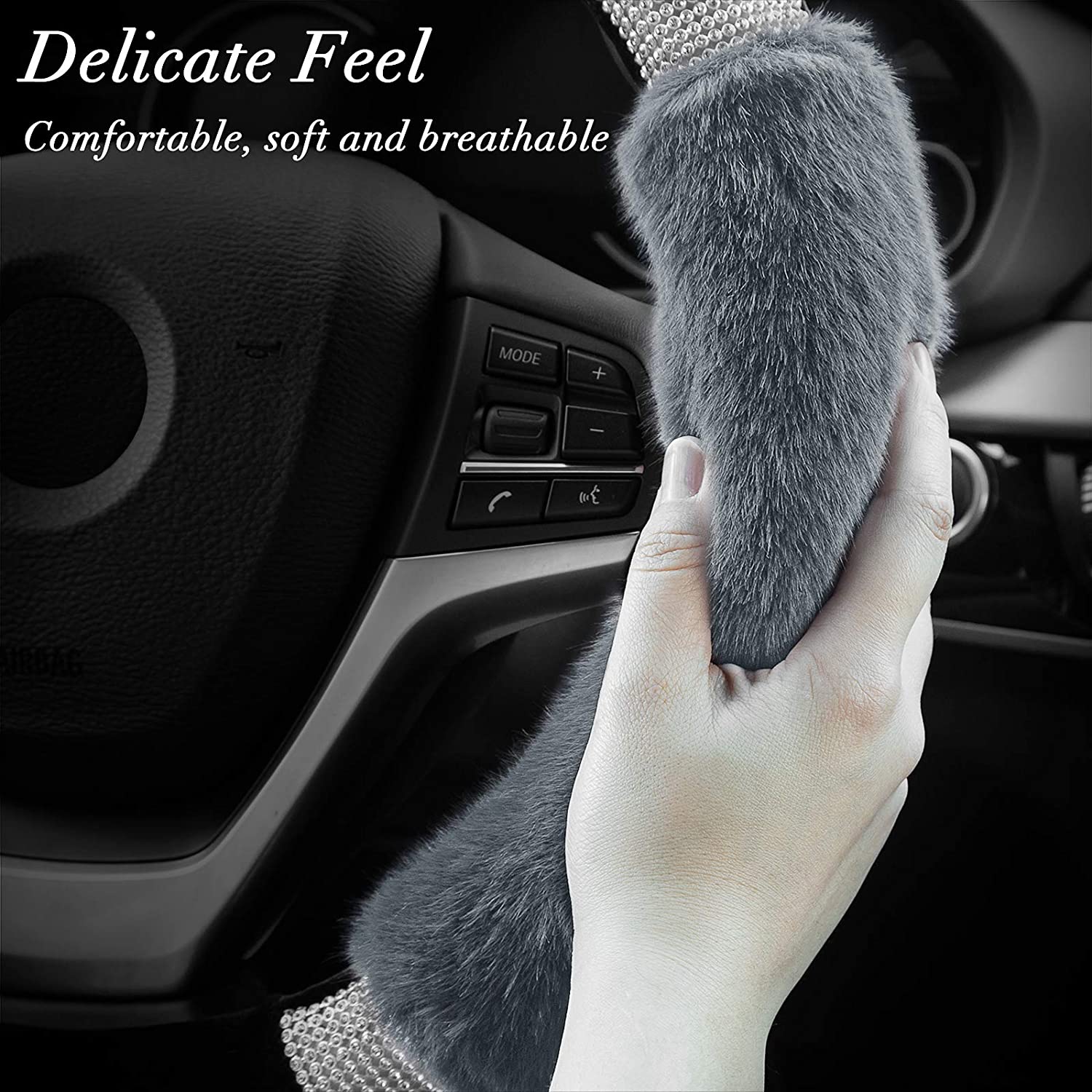 Rhinestone Fluffy Steering Wheel Cover Comfortable Non-Slip Luxury Faux Wool, Universal Fit for 14.5-15 Inches Steering Wheels