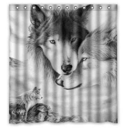 Home Mat Set Waterproof Fabric Loving Wolf Couple Shower Curtain Liner Bathroom 