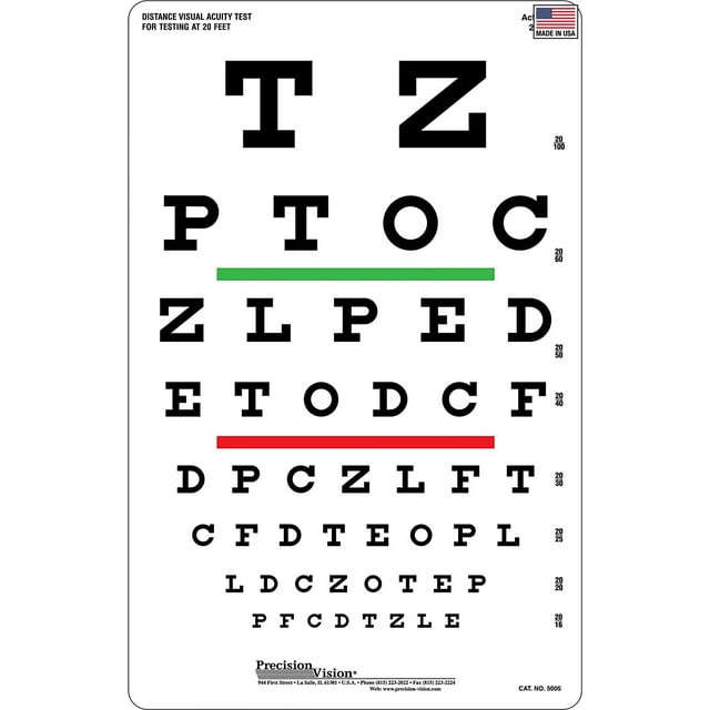Snellen Eye Chart, Red and Green Bar Visual Acuity Test, 20 Foot Test Distance
