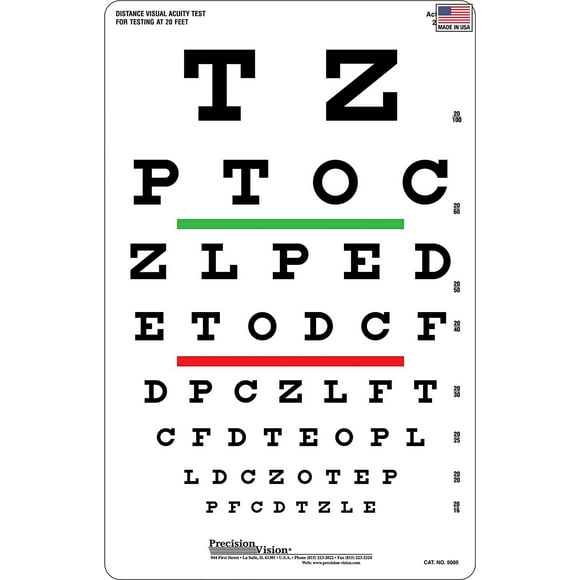 Snellen Eye Chart, Red and Green Bar Visual Acuity Test, 20 Foot Test Distance
