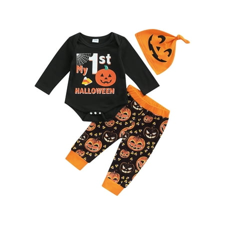 

ZIYIXIN My 1st Halloween 3Pcs Clothes Newborn Baby Boy Girl Long Sleeve Romper Top+Pumpkin Pants+Hat Outfits Black 6-9 Months