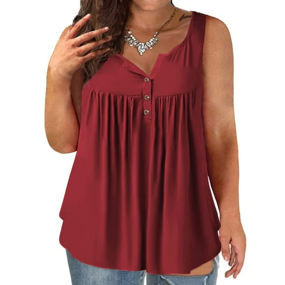 up to 60% off Gifts Usmixi Womens Tank Tops Casual Plus Size Button up Henley Pleated Swing Belly Tunic Vest Summer Trendy Solid V-Neck Sleeveless Shirts Blouse Wine XXXXXL