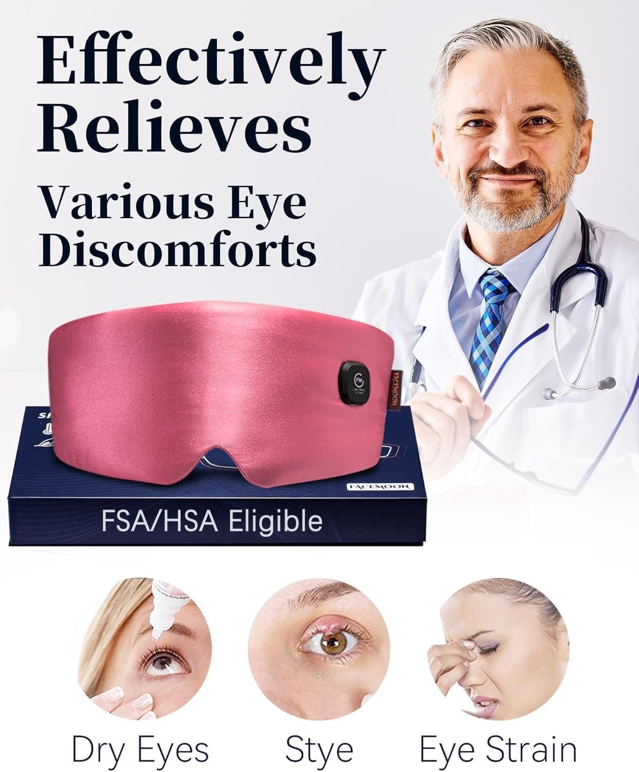 Heated Eye Mask for Dry Eyes - Silk Cordless Warm Eye Compress Moist Heat, FSA HSA Eligible, Eye Heating Pad for Stye Treatment, Tired Eyes, Sleep, Travel, Washable, Rechargeable, Pink
