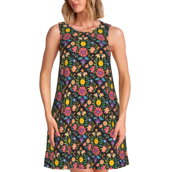 Disketp Mexican Folk Art Floral for Women’s Sleeveless Dress Womens Summer Dresses Beach Casual Loose Dress