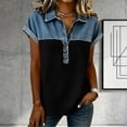 thumbnail image 4 of Women's Denim Patchwork T-Shirt Trendy Cap Sleeve Tops Lapel Collar Henley Button Blouses, 4 of 5