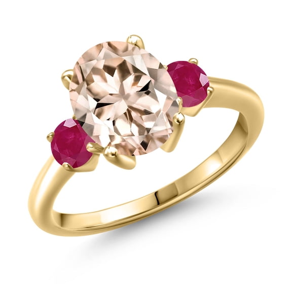 Gem Stone King 2.70 Ct Oval Peach Morganite Red Ruby 18K Yellow Gold Plated Silver Ring (Size 7)