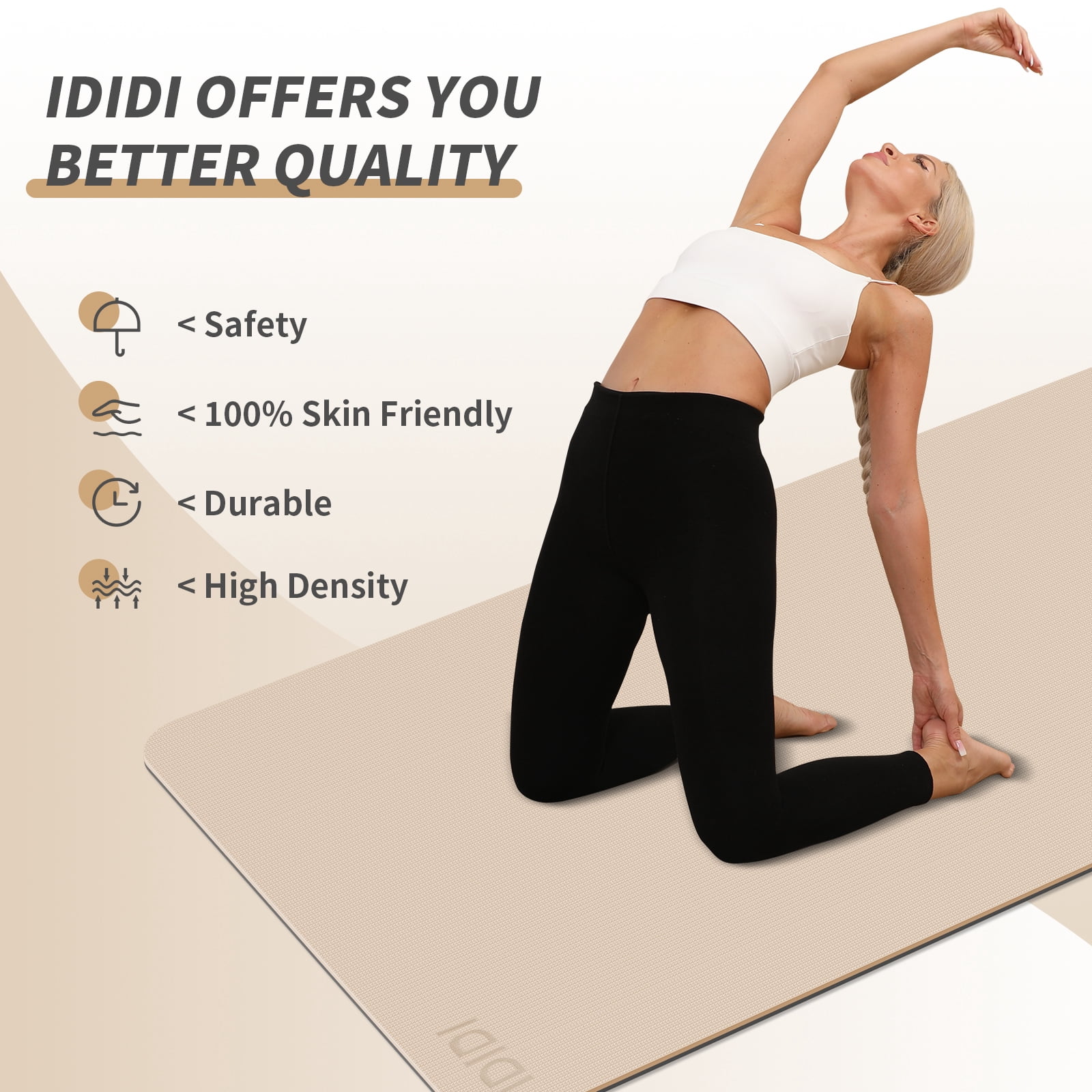 IDIDI Portable Yoga Mat – Travel-Friendly with Strap, 1/3 Inch Thick & Non-Slip – for Home Gym, Workout & Hot Yoga – Exercise Mat for Men, Women & Kids(Beige+Black)