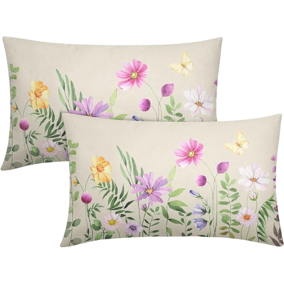 Spring Flower Lumbar Pillow Covers 12X20 In Coloreful Pink Yellow Flowers Butterfly Bed Pillow Cases Set of 2 Farmhouse Linen Throw Pillows Home Decor For Living Room Bedroom Bed Cushion Outdoor
