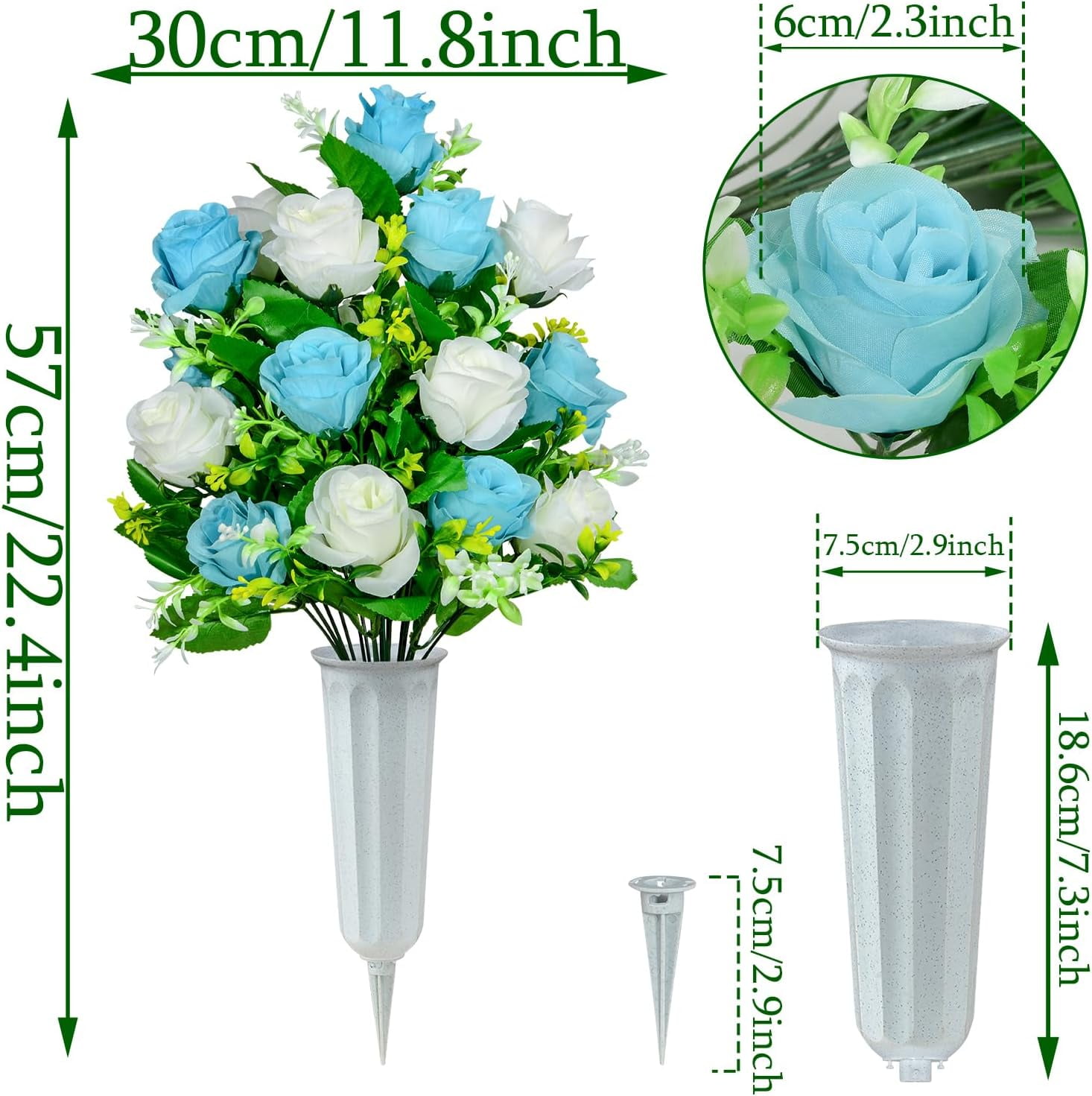 Artificial Cemetery Flowers, Set of Artificial Rose Bouquet Graveyard Memorial Flowers with Vase for Cemetery Headstones Decoration (Light Blue&White)