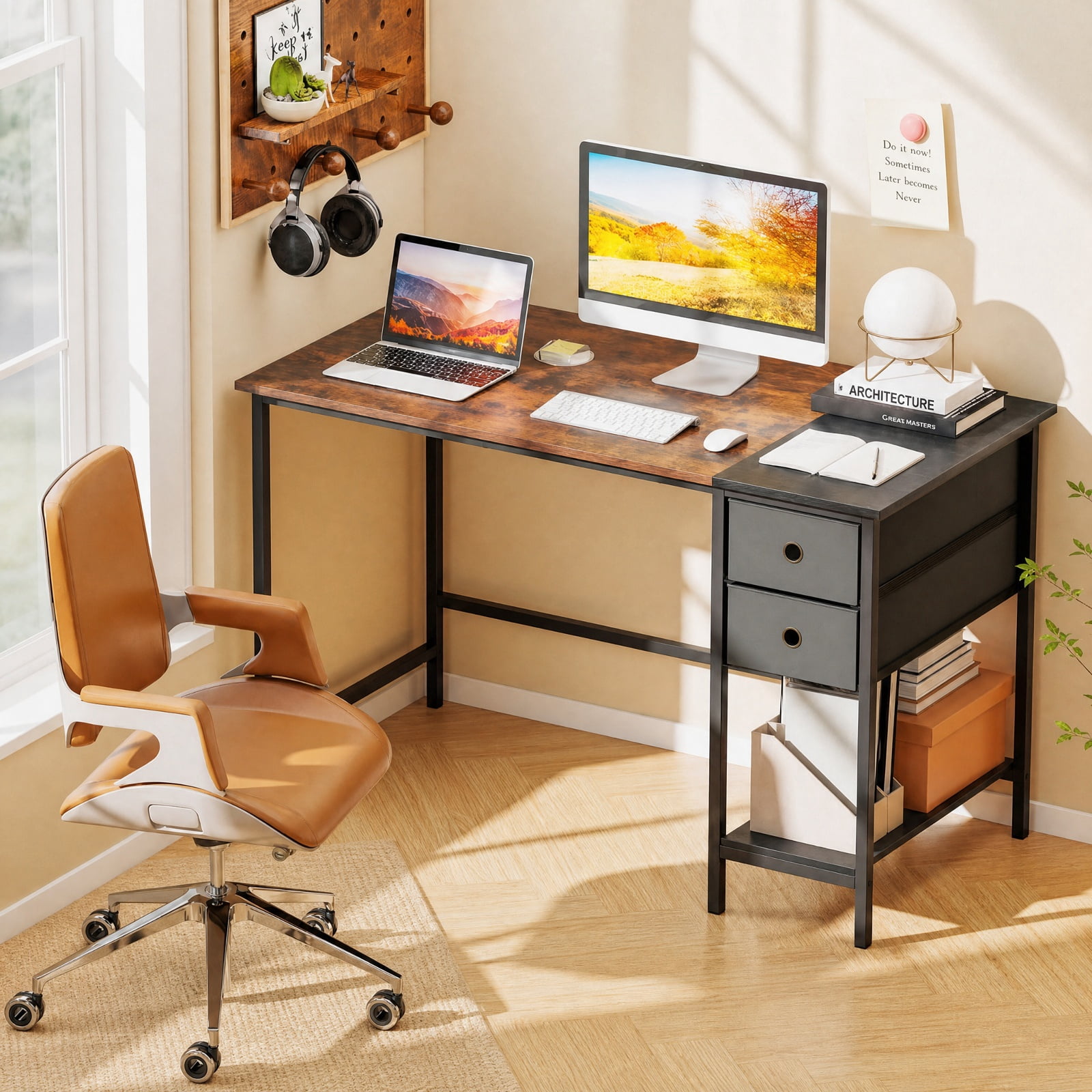 Furnibear 48 Inch Computer Desk with 2 Fabric Drawers Industrial Home Office Desk for Home Office Study Computer Writing Workstation, Rustic Brown
