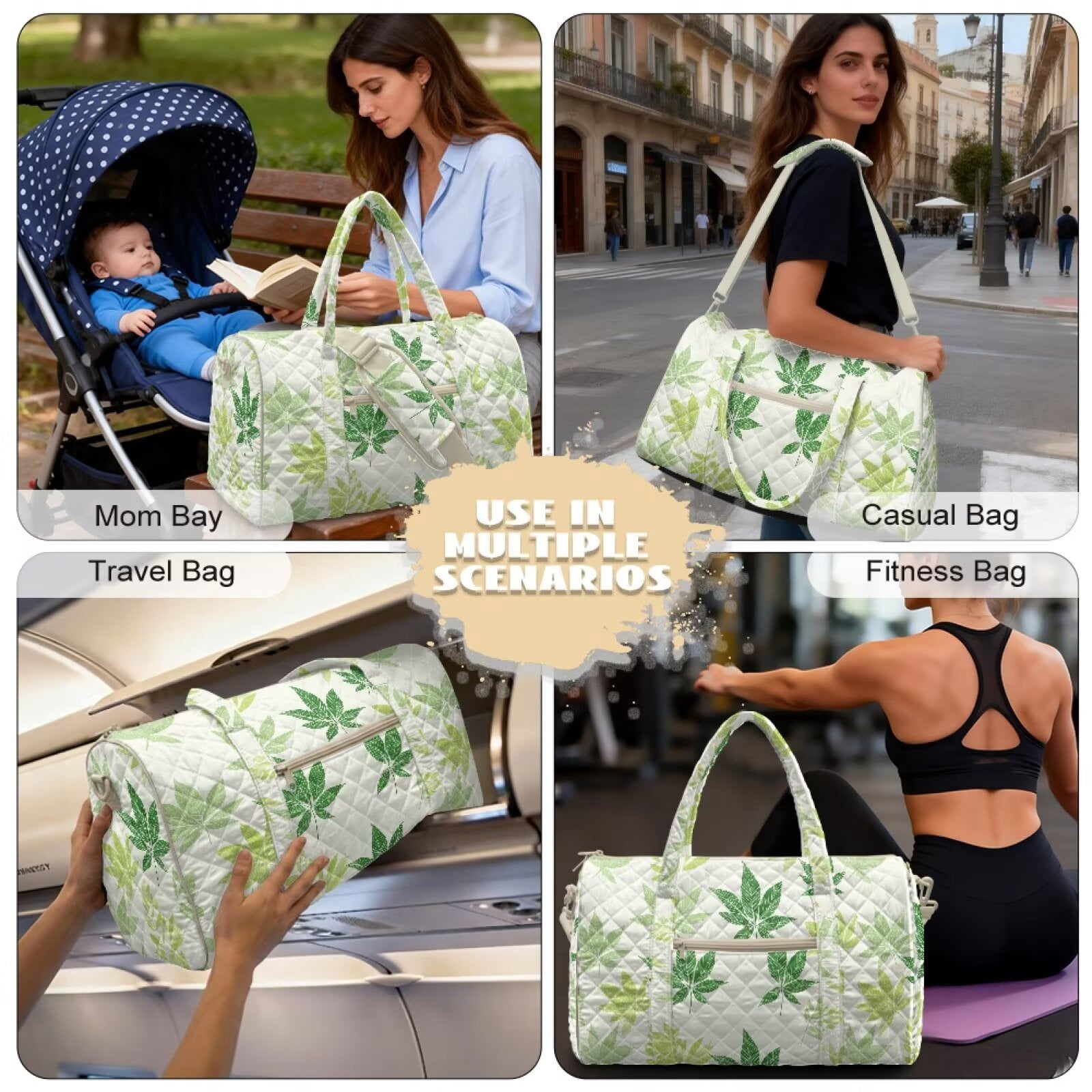 Xixirimido Travel Duffel Bags for Women Men Weekender Overnight Bag Carry On Quilted Fabric, Women Hospital Bags for Labor and Delivery, Abstract Leaves Green