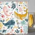 thumbnail image 2 of Kids Whale Shower Curtain Bathroom Set 71Wx84H Inches Extra Long Funny Cute Cartoon Fish Ocean Sealife Underwater Coral Starfish Bath Accessories for Girls Art Home Decor Fabric 12 Pack Hooks, 2 of 6