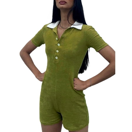 

JBEELATE Women Close-Fitting Overall Turn-Down Collar Short Sleeve One-Piece