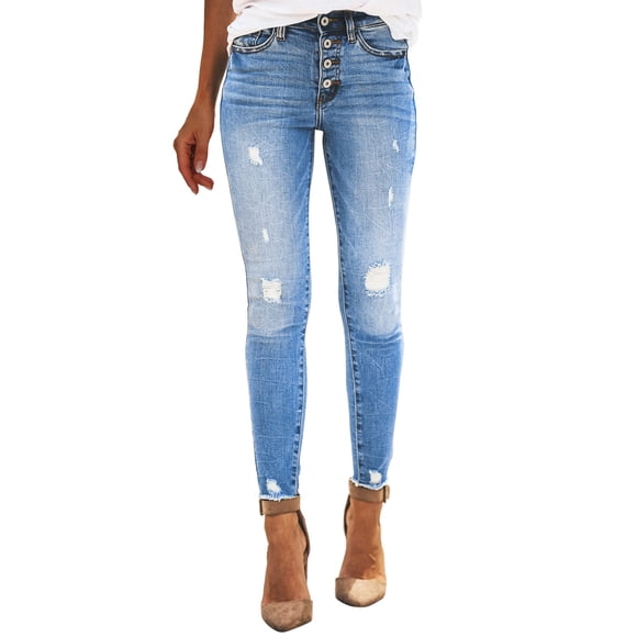Noarlalf Women's Pants, Women Stretchy High Waisted Straight Leg Ripped Boyfriend Jeans, Frayed Ankle Denim Pants, Womens Jeans, Blue L