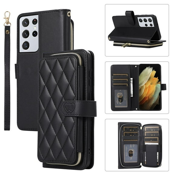 YEYKX Funda Tipo Billetera para Samsung Galaxy S21 Ultra de Pulgadas con Correa para Muñeca/hombro, 9 Ranuras para Tarjetas, Monedero con Cierre, Soporte de Cuero de Lujo, Funda Cell Phone a Cuadros