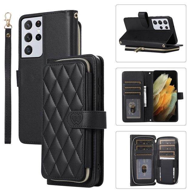 YEYKX Funda Tipo Billetera para Samsung Galaxy S21 Ultra de Pulgadas con Correa para Muñeca/hombro, 9 Ranuras para Tarjetas, Monedero con Cierre, Soporte de Cuero de Lujo, Funda Cell Phone a Cuadros