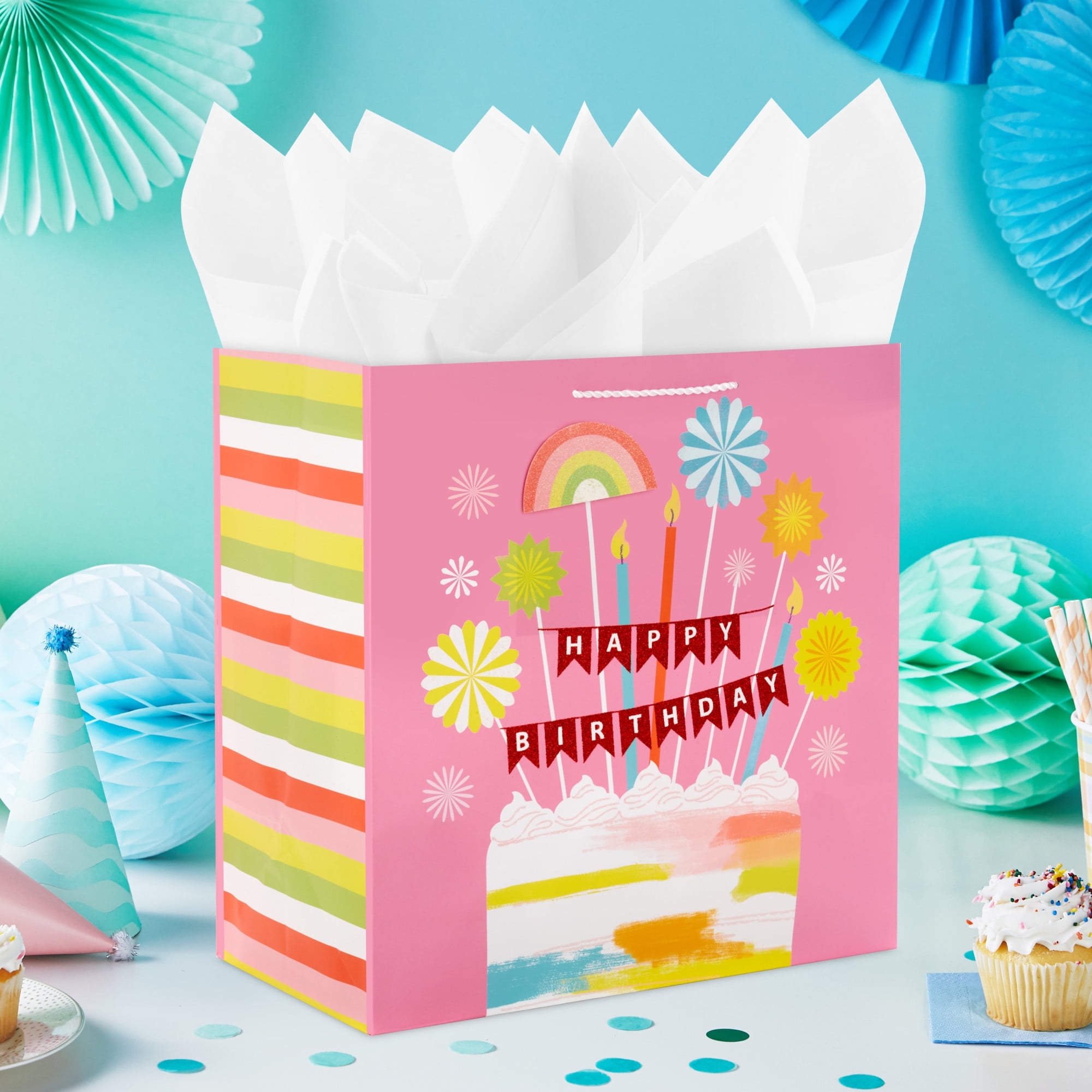 Hallmark Extra-Deep Birthday Gift Bag (Painted Cake on Pink), 1 count