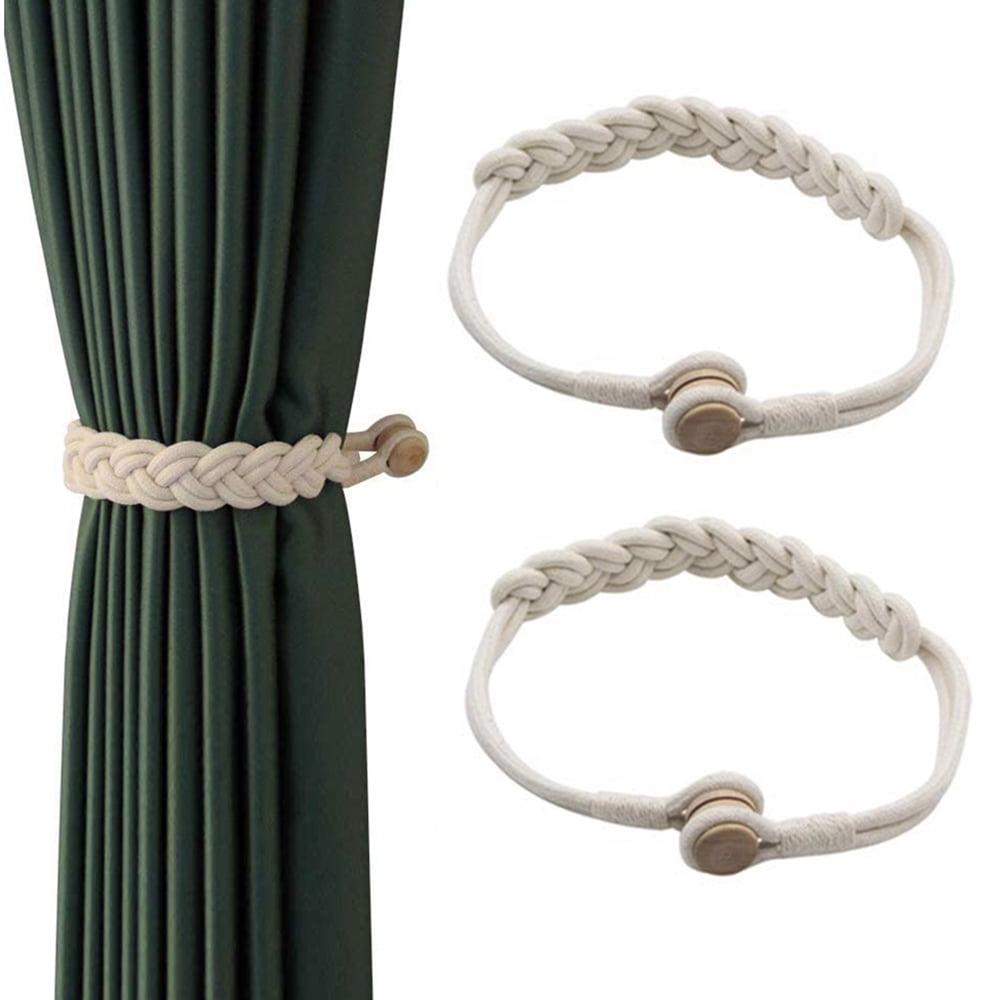 BEL AVENIR 2 Pack Magnetic Curtain Tieback Handmade Cotton Rope Tie  Holdbacks Drapes White