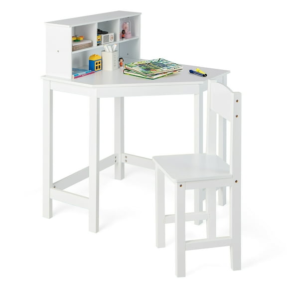 Costway Kids Corner Desk & Chair Set Wooden Study Writing Workstation with Storage & Hutch