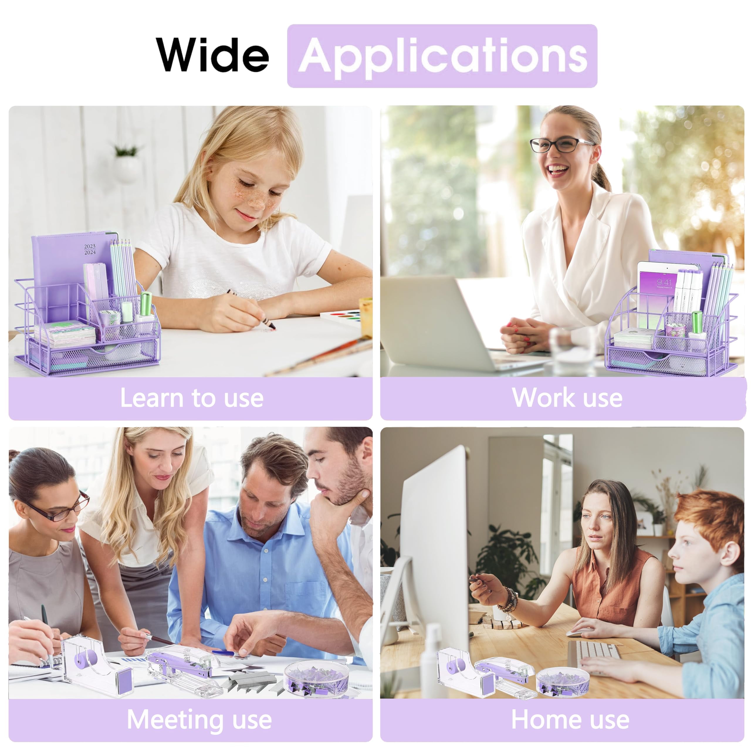 Purple Desk Organizers And Accessories  Office Supplies With Mesh Organizer Tape Dispenser Stapler Staples Ballpoint Pen Clips Set Ruler Scissor Sticky Labels