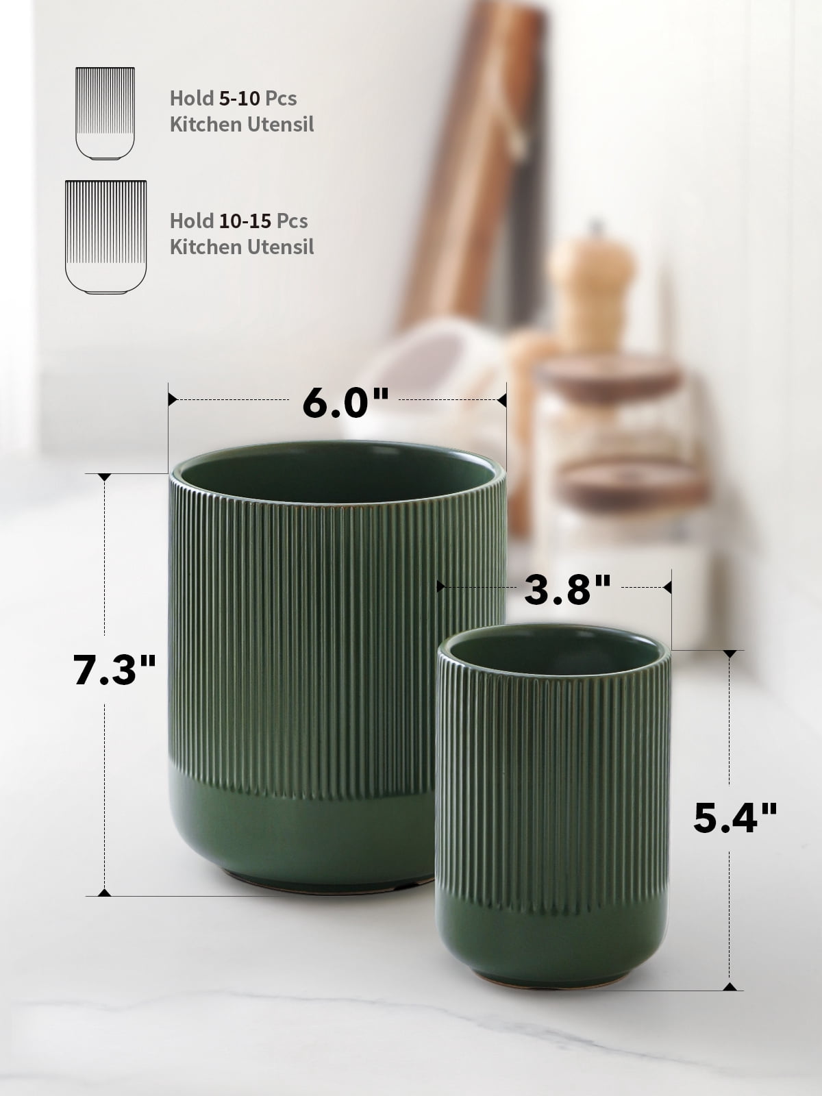 LE TAUCI Set of 2 Ceramic Utensil Holders, Large and Small Kitchen Crocks for Cooking Utensils, Countertop Organizer & Decorative Vase, Forest Green Utensil Holder