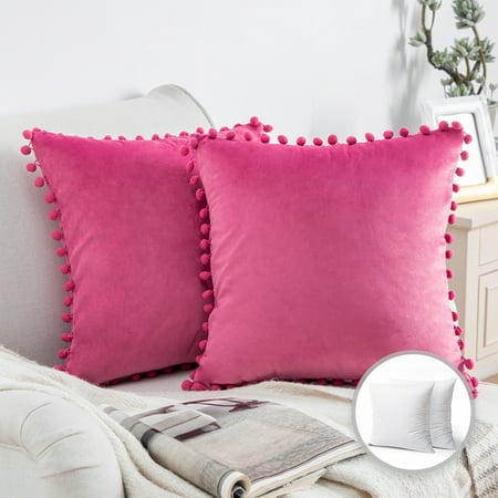 Phantoscope Silky Velvet Series Pom Pom Decorative Throw Pillow with Insert, 18" x 18", Pink, 2 Pack