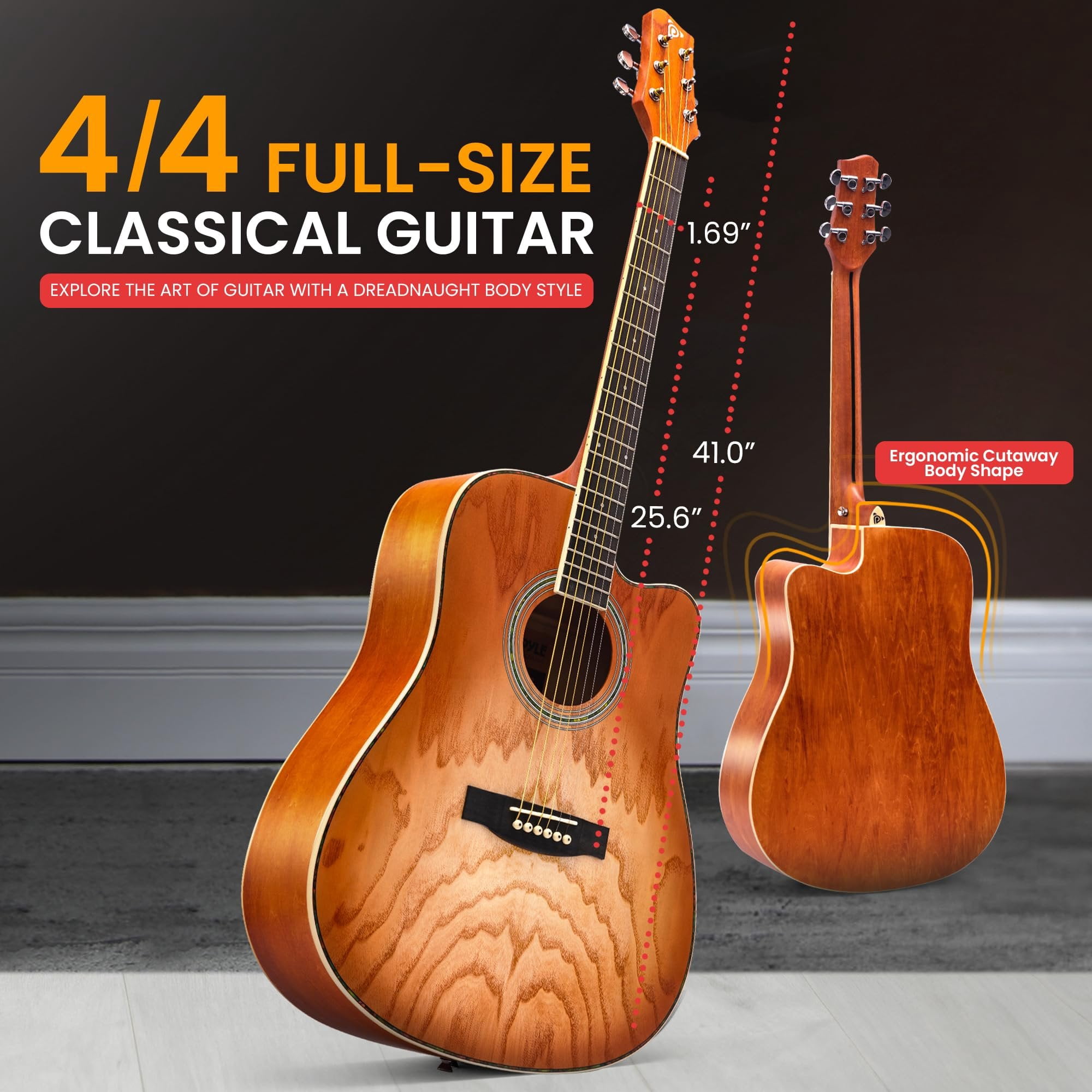 Pyle Steel String Acoustic Guitar Kit, 41" Full Size Cutaway with Ashtree Top, Open Pore Finish, Premium Accessory Set with Armored Gig Bag, Cherry Burst Matte