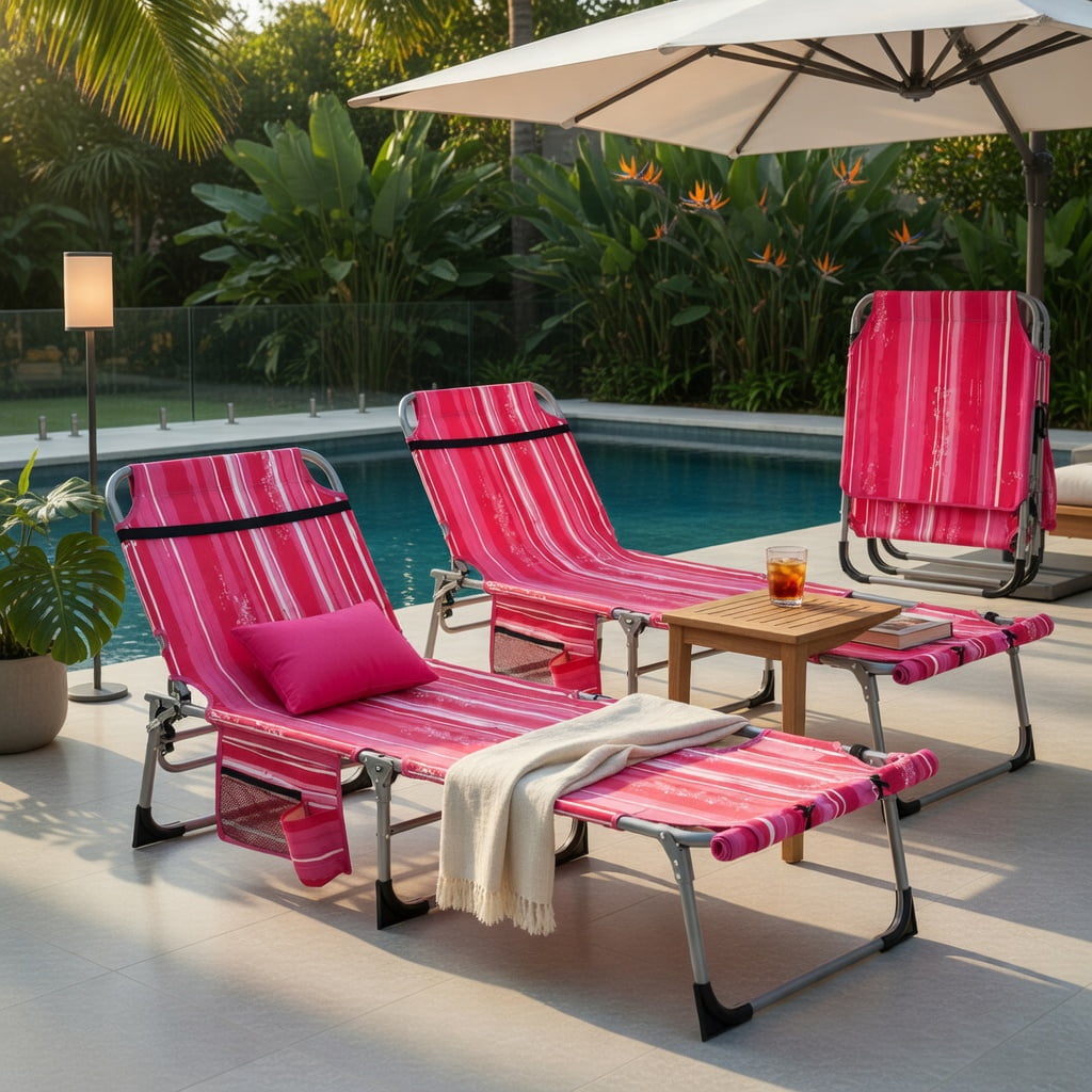 Hommoo 5-Position Adjustable Outdoor Folding Chaise Lounge Chair with Removable Pillow, Rose Pink