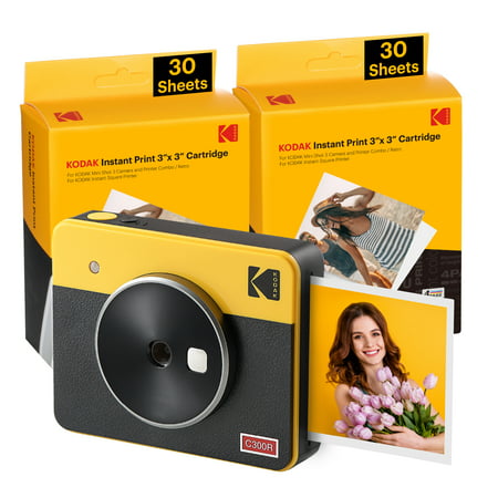 Image of KODAK Mini Shot 3 Retro 4PASS 2-in-1 Instant Camera and Photo Printer (3x3 inches) + 68 Sheets Bundle Yellow