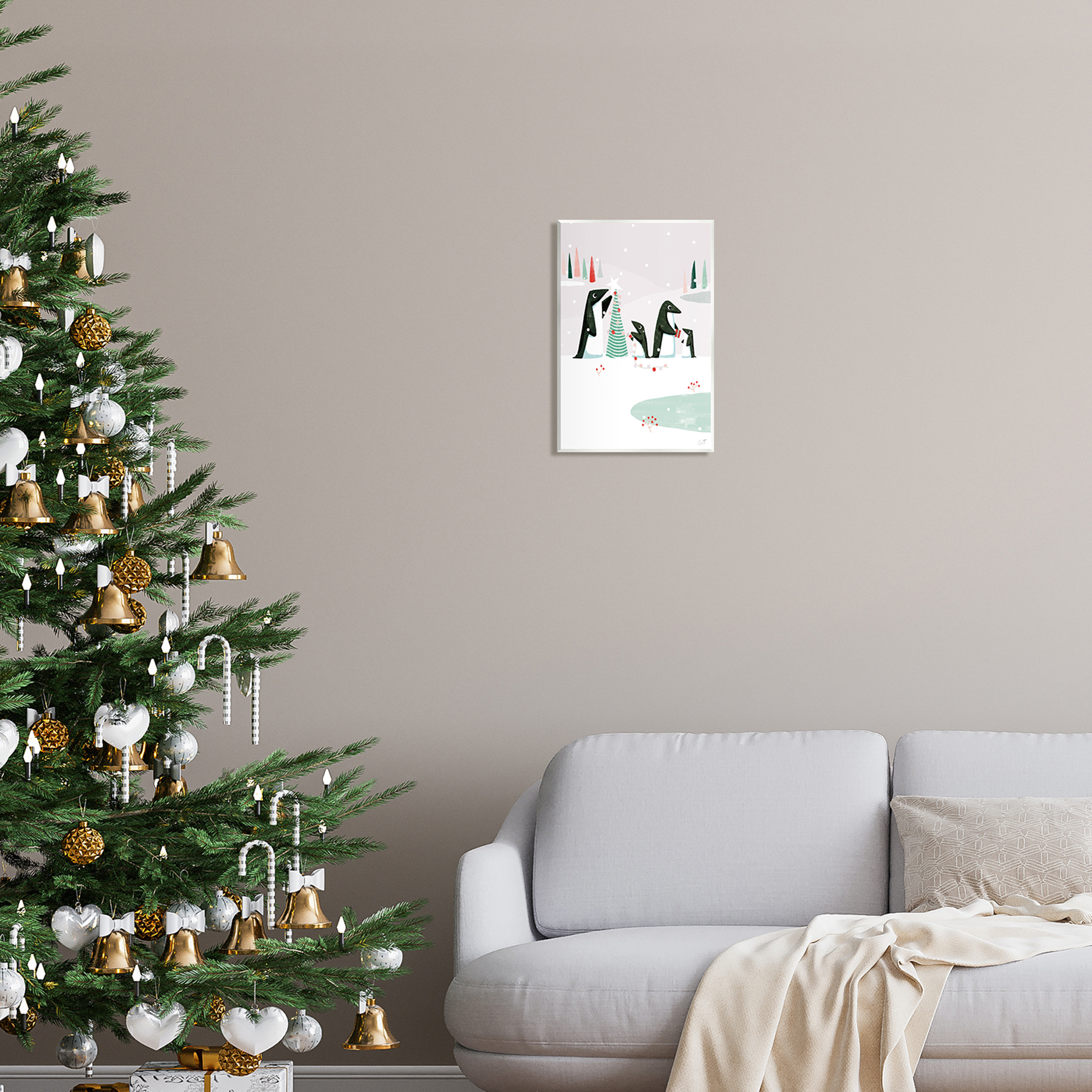 Stupell Industries Penguins Decorating Christmas Tree Holiday Painting Unframed Art Print Wall Art
