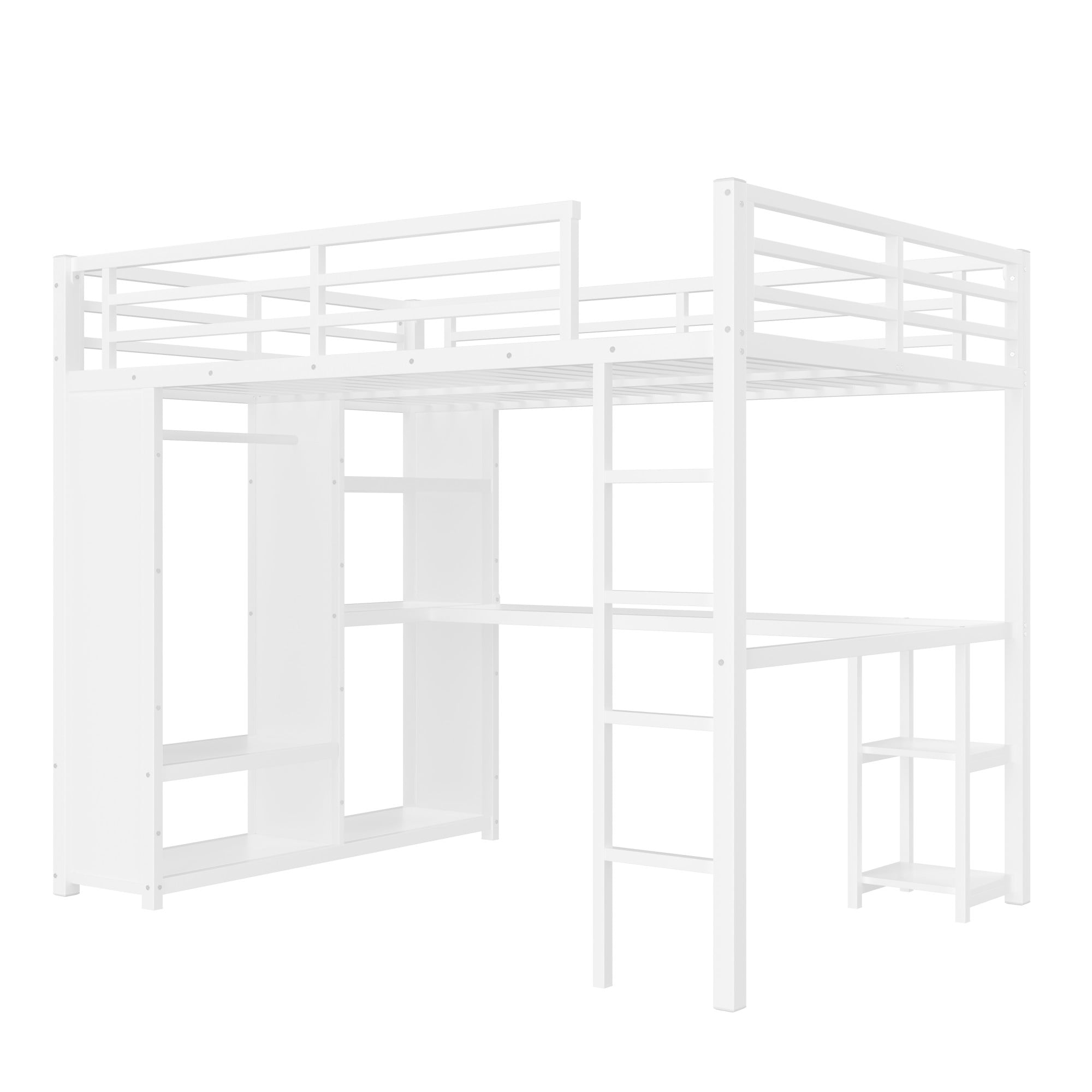 Aukfa Queen Size Heavy Duty Metal Loft Bed with Desk, Wardrobe & 5 Storage Shelves, Space-Saving Design for Kids, Teens, Adults, White