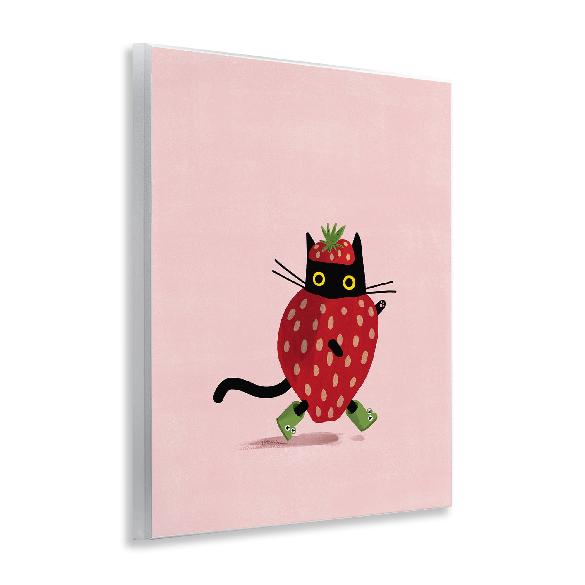 Stupell Industries Strawberry Cat on Pink Animals Painting Unframed Art Print Wall Art, 11 x 14