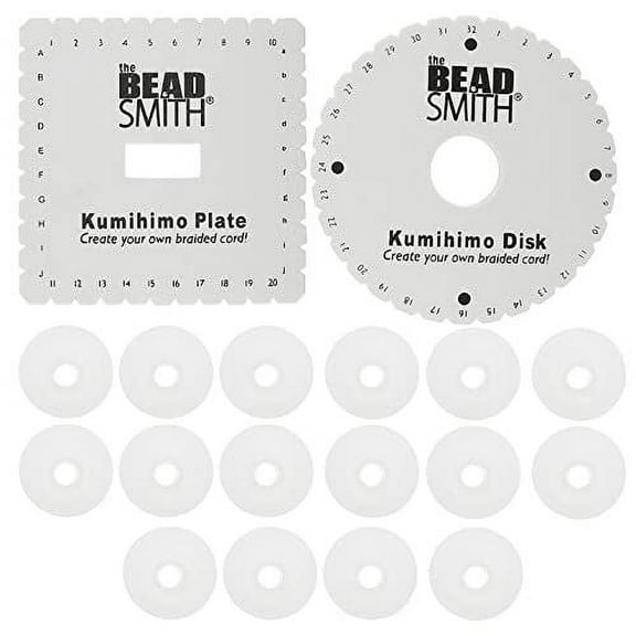 The Beadsmith Kumihimo 3-Piece Combo – 6” Round and Square Disks – 16 No-Tangle 1-7/8” Bobbins – Jewelry Tools for Kumihimo Braiding and Macrame Designs