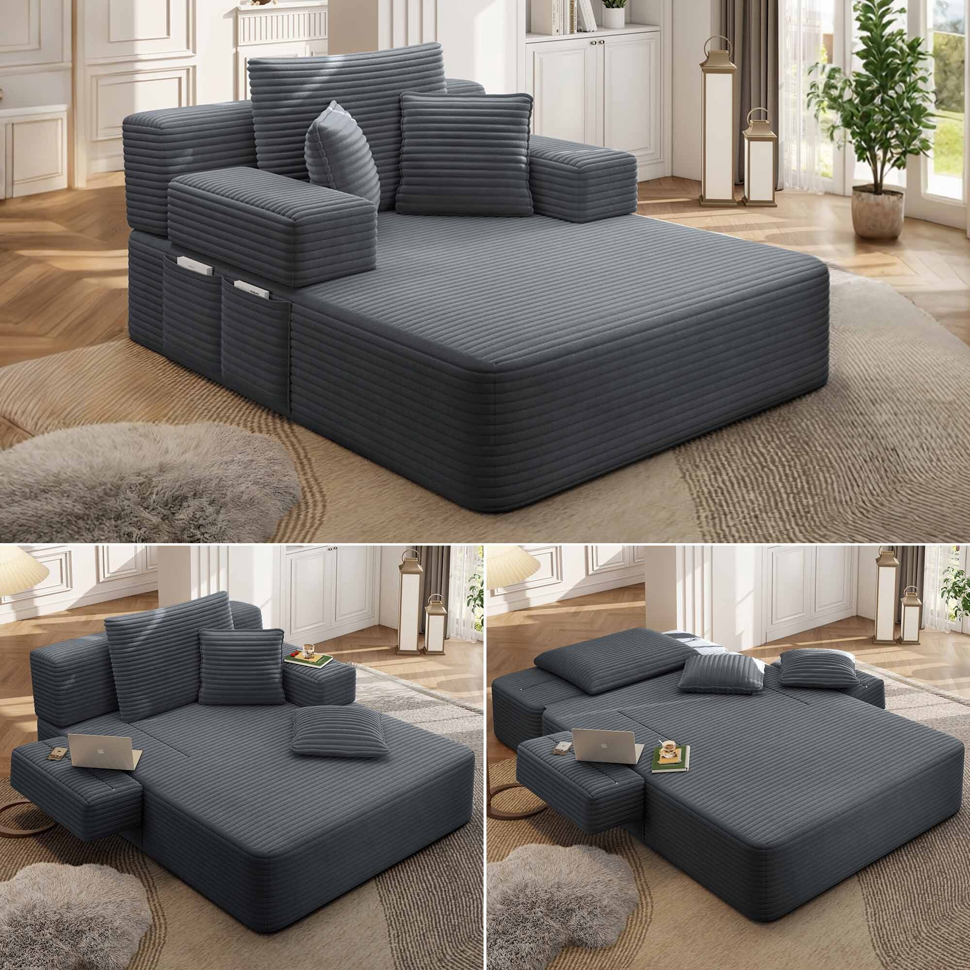 Lunale Boneless Chaise Lounge Chair Indoor, Oversized Convertible Sofa Bed, Cloud Corduroy Sofa Chair for Living Room, Dark Gray