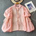 thumbnail image 5 of Blusa informal de manga farol con cuello levantado, camisa de encaje ahuecada con bordado de una sola botonadura, Top de moda, 5 of 5