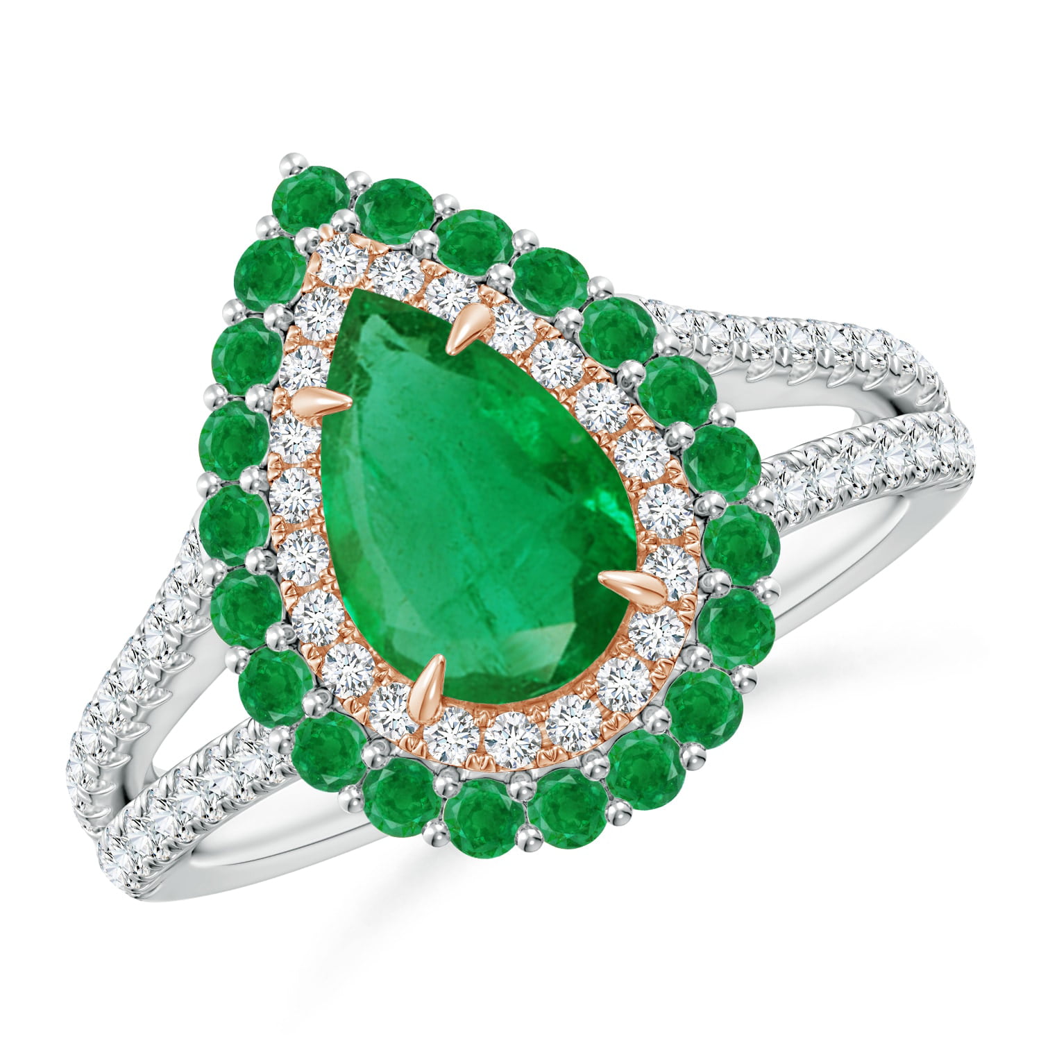 Angara - May Birthstone Ring - Pear-Shaped Emerald Double Halo Two Tone ...