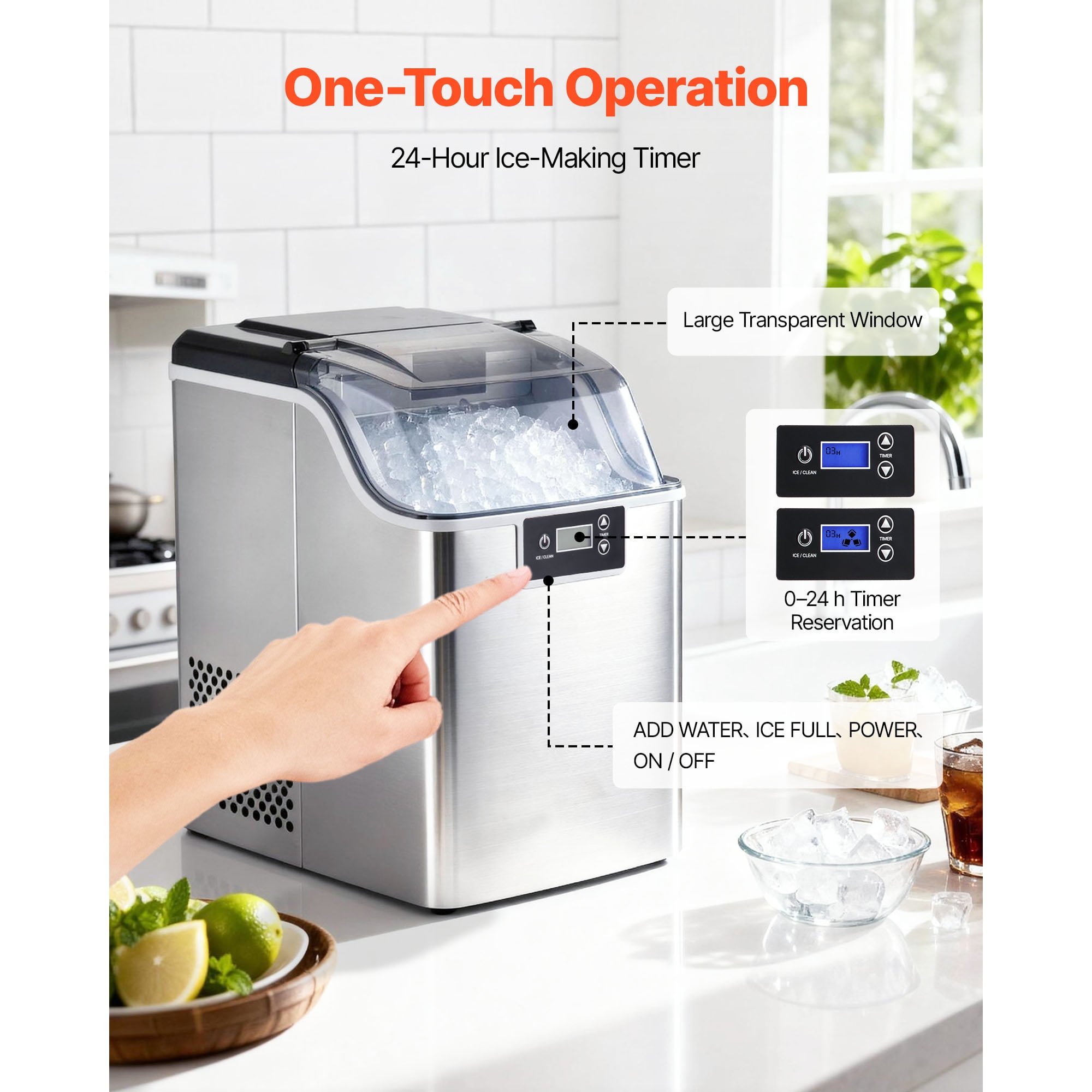 KFFKFF Countertop Ice Maker, 44 lbs Daily Capacity, Portable Machine with Self-Cleaning Function, 4 lbs Ice Storage, Nugget Ice Maker for Home, Kitchen, Office, Bar, and Parties