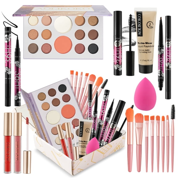 AOLIKOKO Makeup Kit for Teens & Women – Full Makeup Set with Foundation,Eyeshadow,Mascara,Lip Gloss,Eyebrow Pencil,Eyeliner & Brushes – Complete Makeup Kit Gift Set for Teen Girls & Beginners