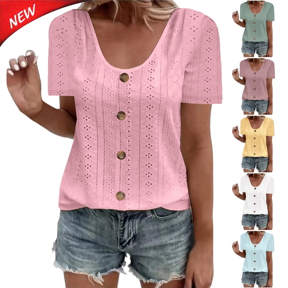Tqyyweavej Women's Plus Eyelet Shirts Oversize Button Down Scoop Neck Blouses Short Sleeve Solid Color Summer Tops for Women