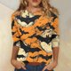 thumbnail image 2 of Camiseta de manga 3/4 con temática de Halloween para mujer, estampado de telaraña y murciélago, camisa festiva informal, 2 of 5