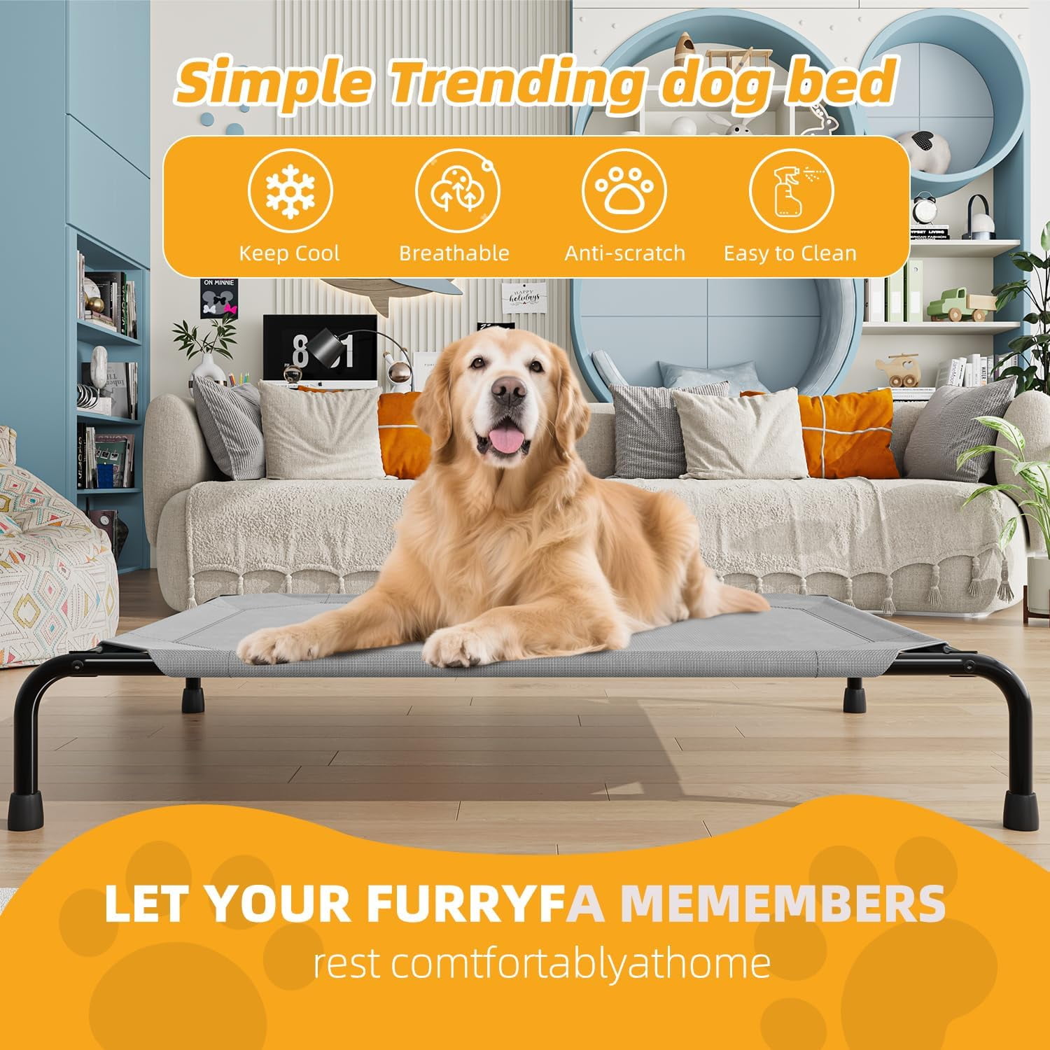 General Raised Dog Bed for Large Dogs with Canopy, Waterproof Elevated Dog Bed, Breathable Big Pet Cot, Grey